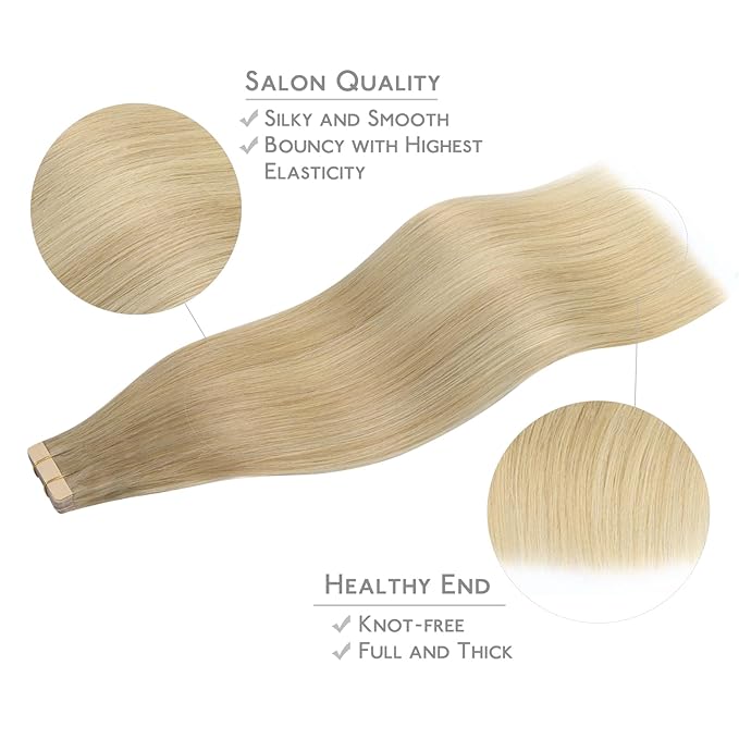 WENNALIFE Tape in Hair Extensions Human Hair, 20pcs 50g 20 inch Balayage Dirty Blonde to White Blonde Remy Hair Extensions Straight Human Hair Tape in Extensions Skin Weft Tape Extensions Human Hair