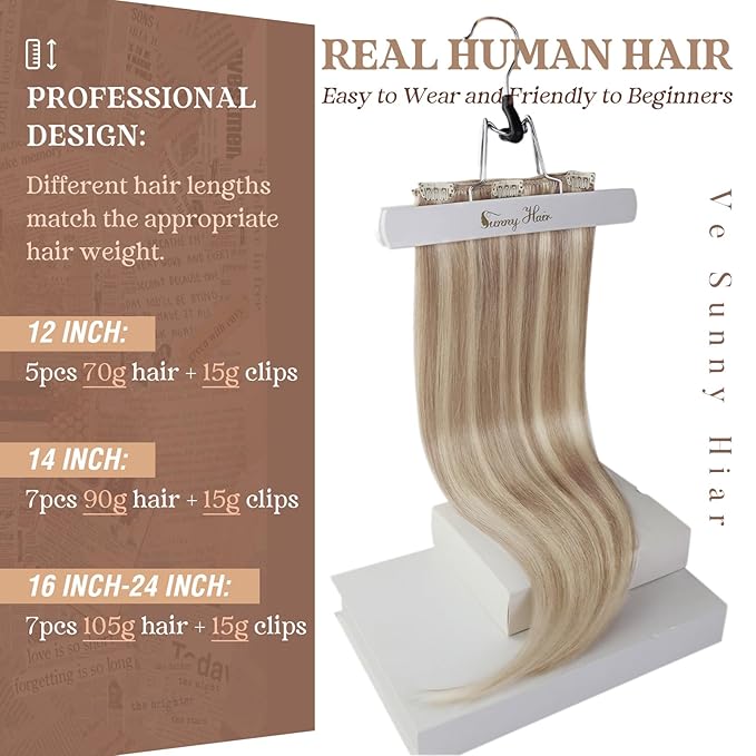 Ve Sunny Clip in Hair Extensions Highlights Human Hair Clip in Extensions Dark Ash Blonde Highlights Light Blonde Hair Extensions Clip ins Short Straight Flexible Hair for Women 7pcs 14inch 100g