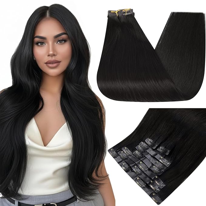 Full Shine Seamless Clip in Hair Extensions Human Hair Black Invisible Clip ins Extension 16 Inch with PU Weft Straight Hair Add Volume 8 PCS 120 G