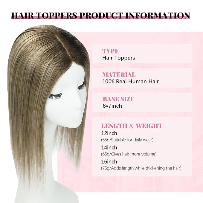 Hair Toppers for Women Real Human Hair 6x7inch Large Base 14inch 55g Toppers Pieces for Women with Thinning Dark Brown To Chestnut Brown Highlight Ash Blonde (#2/6/18Toppers-14inch)