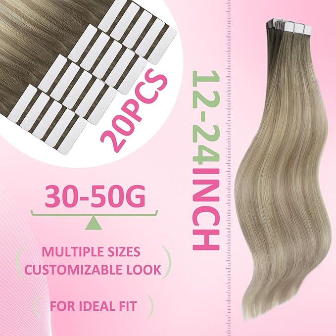 YoungSee Blonde Tape in Hair Extensions Balayage Human Hair Tape in Extensions Ash Blonde Ombre Platinum Blonde Hair Extension Real Human Hair Tape-in Balayage Tape Hair Extension 22In 50g 20pcs