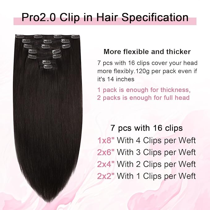 Pro2.0 Remy Clip in Extensions Real Human Hair Color #2 Dark Brown Remy Clip in Hair Extensions Real Human Hair 18inch 120g Thick 7pcs Seamless Double Weft for Women（#2-18inch）