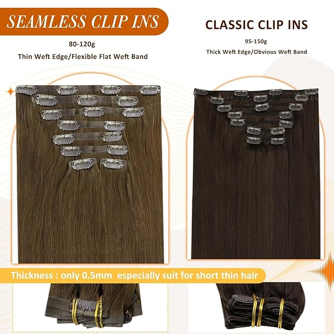 Full Shine Clip in Human Hair Extensions Medium Brown Seamless Clip in Hair Extensions Human Hair Brown Invisible Real Human Hair Extensions Clip ins PU Weft Brazilian Hair 14 Inch 8 PCS 120 G