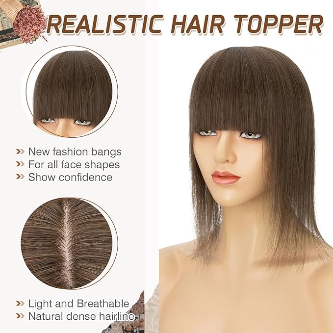 Rich Choices Real Human Hair Toppers for Women With Bang 100% Remy Human Hair Topper for Thinning Hair Clip in Silk Base Hair Topper 6 Inch #2R Chocolate Brown