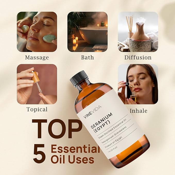 VINEVIDA Geranium (Egypt) Essential Oil 32 oz - Undiluted Geranium (Egypt) Oil 32 oz - Geranium (Egypt) Candle Oil Scent - DIY Candle Scents for Candlemaking - Bulk Essential Oil for Soap Making