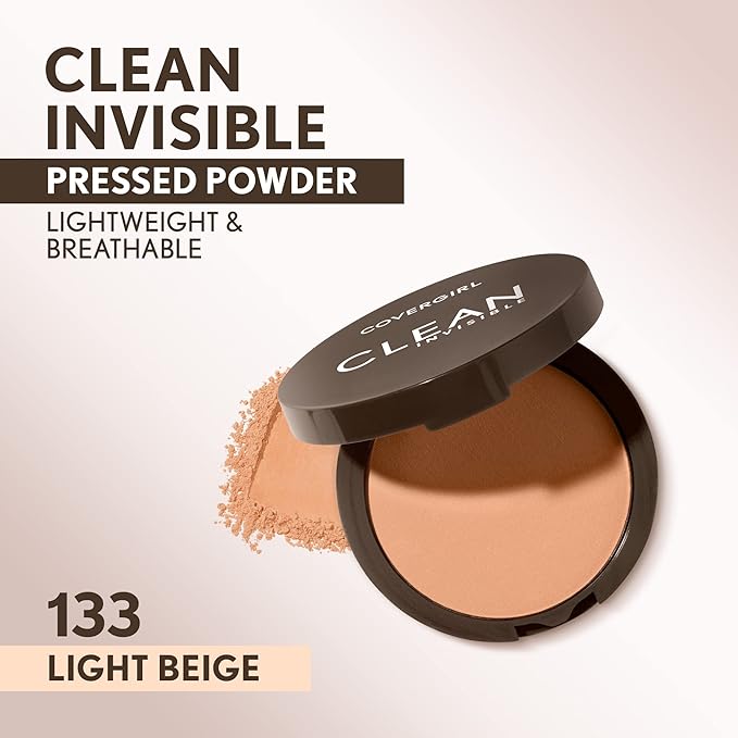 Covergirl Clean Invisible Pressed Powder, Lightweight, Breathable, Vegan Formula, Light Beige 133, 0.38oz