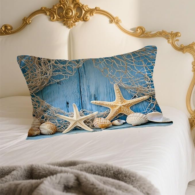 1 Pack Satin Pillowcase for Hair and Skin Sea Beach Starfish Fishing Net Imitation Silk Pillowcase with Hidden Zipper Soft Breathable Pillow Cover Standard Size for Bedroom Sofa 20”x26”