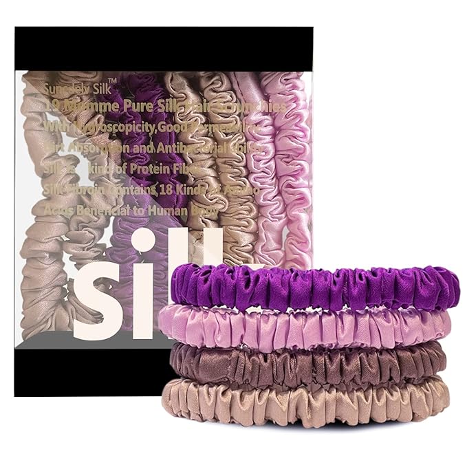 Suncdelv Silk,100% Silk Scrunchies for Hair,22 Momme Hair Ties for Anti-Crease & Breakage,Natural Women Hair Accessories，Fashion Hairbands 4PCS（Purple series）