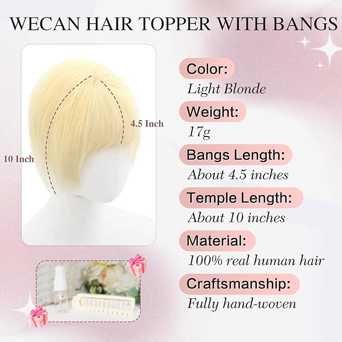 Hair Toppers for Women Real Human Hair 3D Bangs Clip 100% Human Toppers for Women 10 Inch Clip in Bangs Hairpieces (613 Light Blonde)