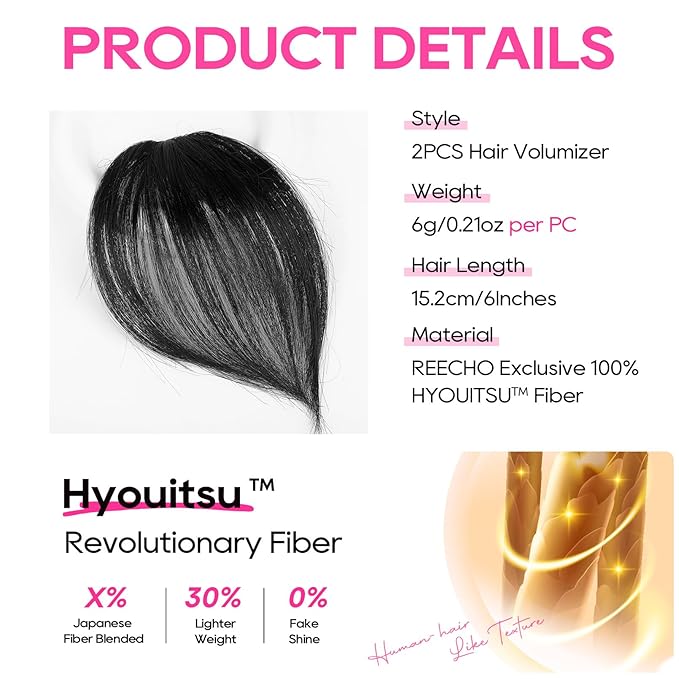 REECHO Clip in Hair Volumizer, 2PCS 6 inch Short Thick Clip in Hairpieces Adding Extra Volume Hair Extensions for Women (Black)