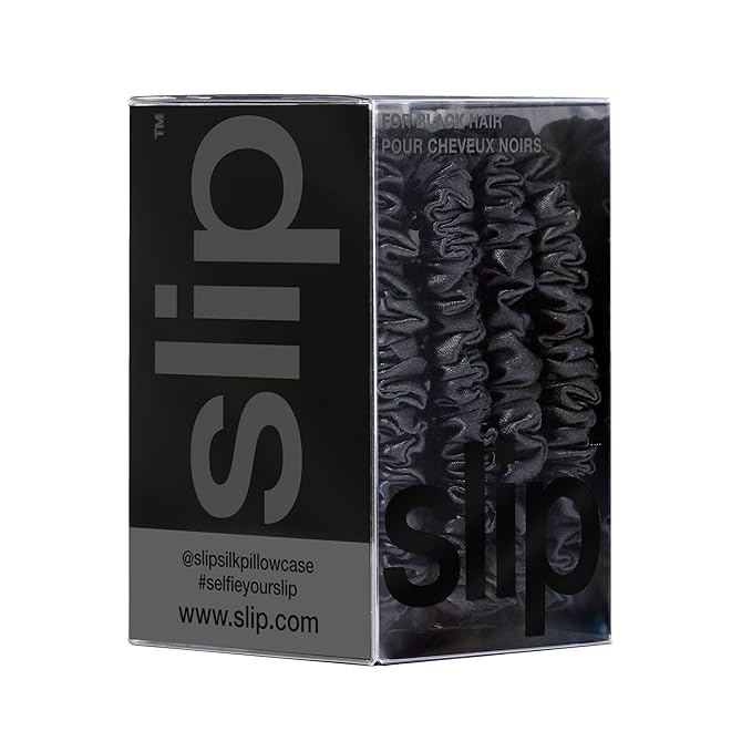 slip Silk Skinny Scrunchies - Black | Set of 4 Skinny Scrunchies | 100% Mulberry Silk, Anti-Crease, Gentle on Hair, Reduces Breakage | Stylish & Durable, Ideal for All Hair Types