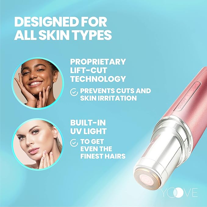 Yoove Rose Pink Rechargeable Device for Facial Hair Removal for Women - Waterproof Facial Hair Remover for Women