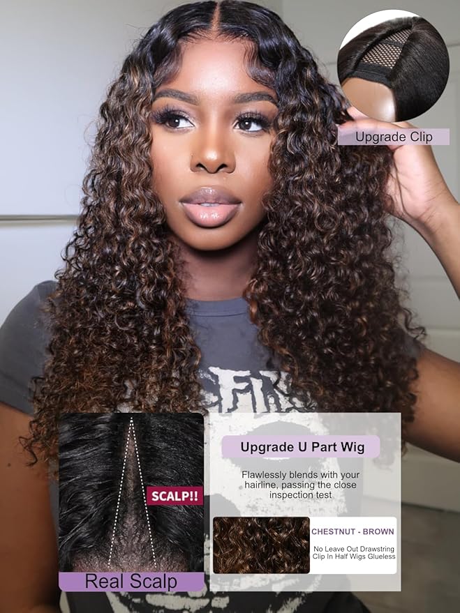 YIROO EasiContour V Part Ombre Brown Human Hair Wig Curly 12A Glueless Upgrade U Part Wig Ombre Black to Chestnut Brown No Leave Out V Shape Clip Wigs Ready to Go 150% Density Beginner Friendly 26Inch