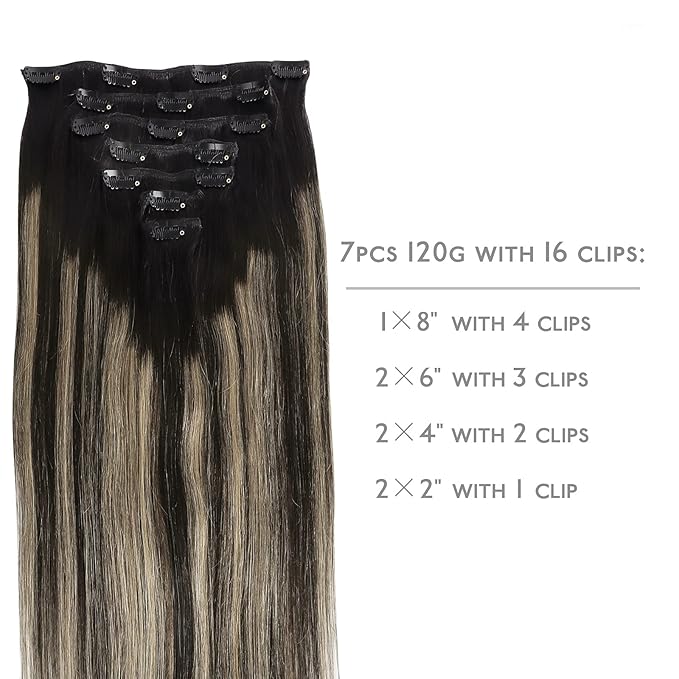 WENNALIFE Clip in Human Hair Extensions, 14 Inch 120g 7pcs Balayage Natural Black to Light Blonde Remy Clip in Hair Extensions Double Weft