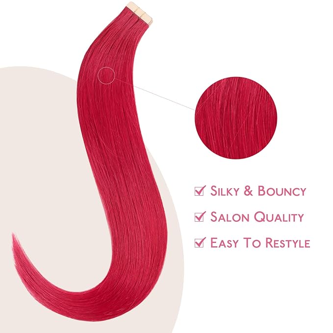WENNALIFE Tape in Hair Extensions Human Hair Red Tape in Extensions, 10pcs 25g 14 inch Remy Invisible Tape Ins Straight Colored Soft Real Human Hair Tape in Extensions Refill Set Extensions