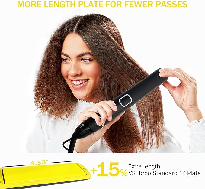 IBROO Ceramic Hair Straightener, 15% Plus Long 1 inch Tourmaline Curling Straightening Iron, Keratin Coated Straight Iron, Max 450℉ Flat Irons for Black Women Hair, Dual Voltage 110v-220v for Travel