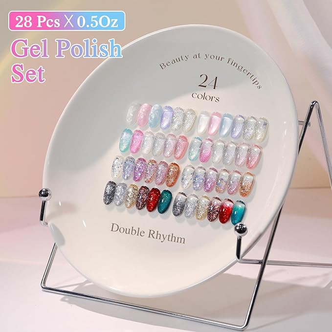 Double Rhythm 28Pcs 0.5Oz Glitter Gel Nail Polish Set Same Color Same Bottle Soak Off Gel Polish Kit Nail Art Manicure Salon DIY at Home (Sparkle Pearl Shimmer Collection-T24-9)