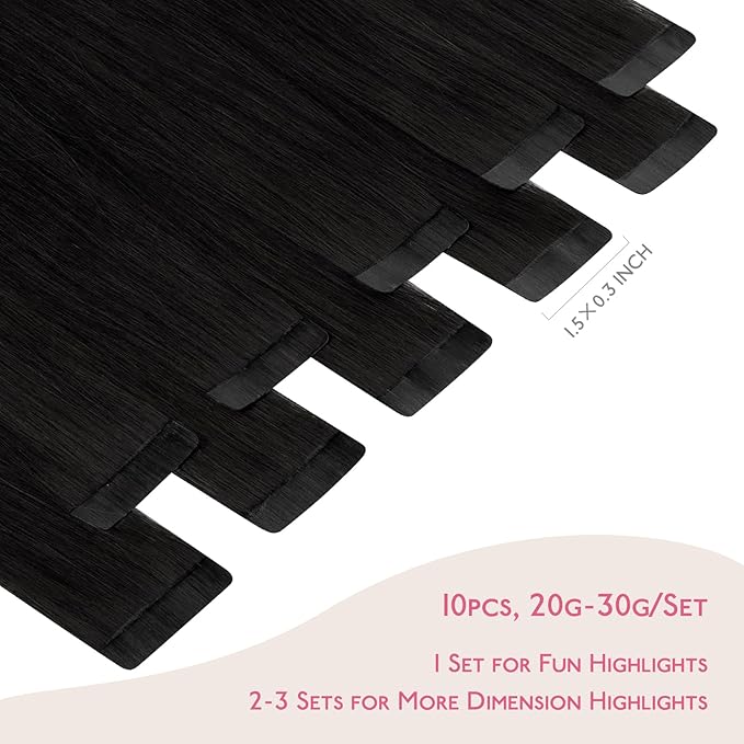 WENNALIFE Tape in Hair Extensions Human Hair Jet Black Tape in Extensions, 10pcs 20g 12 inch Remy Invisible Tape Ins Straight Colored Soft Real Human Hair Tape in Extensions Refill Set Extensions