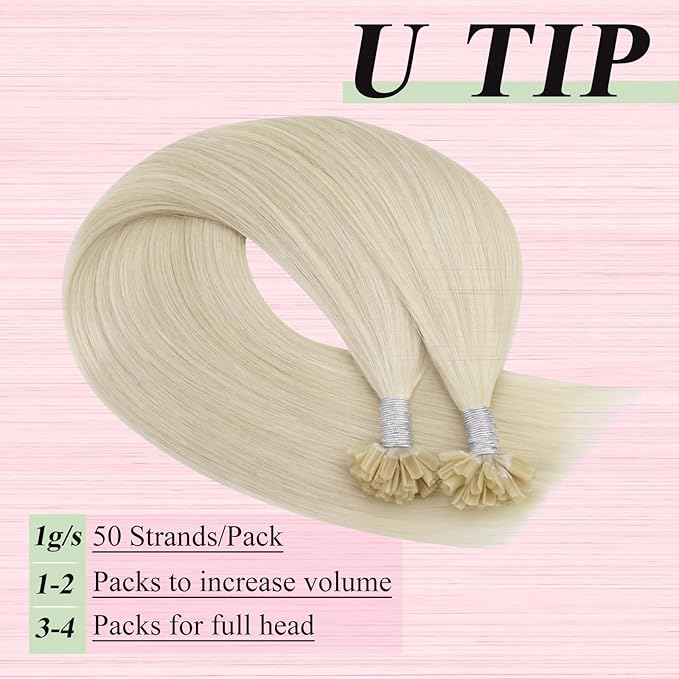 YoungSee U Tips Hair Extensions Real Human Hair Blonde U Tip Extensions Remy Hair Platinum Blonde Hot Fusion K Tips Hair Extension Straight Ktips Human Hair Extension for Women 16In 1G/S 50G