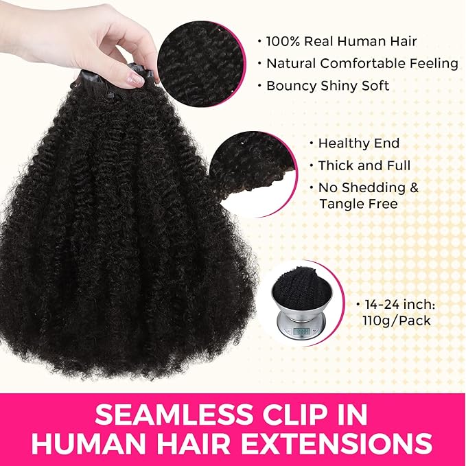 Lashey Seamless Clip in Hair Extensions Human Hair 110g 7pcs Afro Kinky Curly Clip in Hair Extensions 22 Inch Natural Black Color Hair Extension Clips