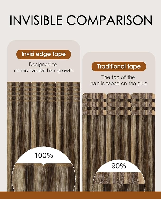 VINBAO 60g Invisi Edge Tape in Extensions Human Hair 22in 20pcs Chocolate Brown Highlighted Caramel Blonde Seamless Injection Tape in Hair Extensions 22inch #4P27