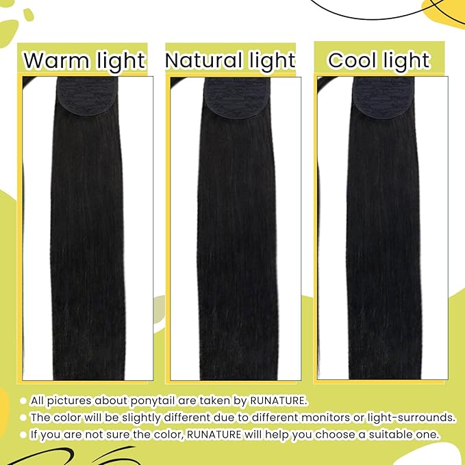 RUNATURE Human Hair Ponytail Extension Black, Real Hair Ponytail Extension With Magic Paste, Remy Natural Ponytail Hair Extensions, Straight Hair Add Volume, 18 Inch 80g #1B Off Black
