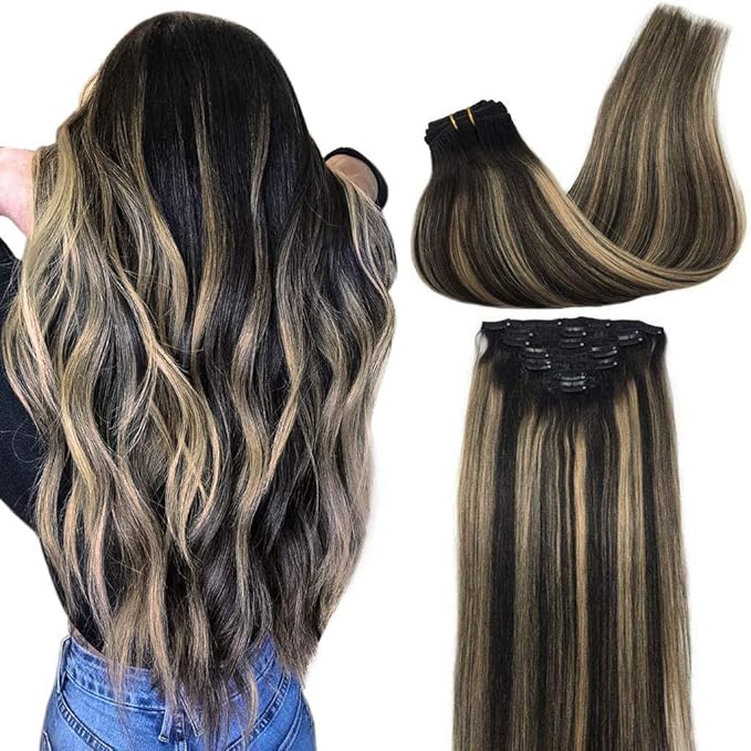 GOO GOO Clip in Hair Extensions Real Human Hair, Remy Human Hair Extensions Clip ins for Women, Natural Human Hair, 16inch 120g 7Pcs, 1B/16/1B Balayage Natural Black to Light Blonde