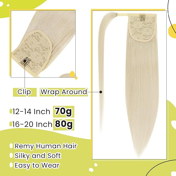 RUNATURE Ponytail Extension Real Human Hair, Platinum Blonde Ponytail with Magic Paste, Easy to Install, Soft Natural Human Hair Ponytail for Women, Thick Ends 12 Inch 70g #800