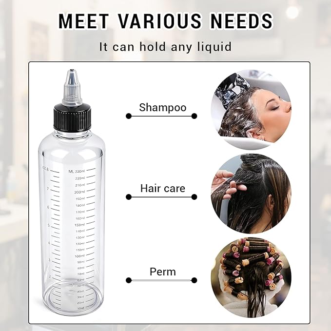3 Pack Hair Oil Bottle, 8.5oz Plastic Squeeze Oil Applicator Bottle for Hair Scalp Root Dye Twist-On Top Tip Cap with Clear Graduated Scale