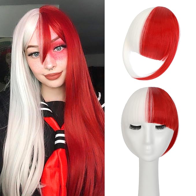 Clip in Bangs, Synthetic French Bangs Hair Clip, Fake Bangs Fringe with Temples Hairpieces for Women Natural Curved Hair Extensions for Daily Wear White mix Red