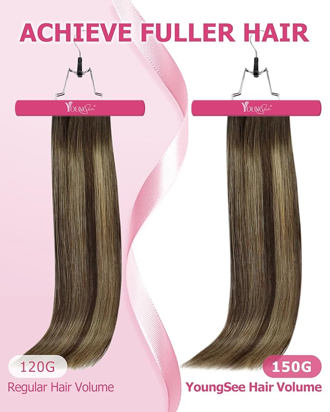 YoungSee 150G Clip in Hair Extensions Real Human Hair Balayage Brown Hair Extensions Clip ins Clip on Extension Real Human Hair Long Straight Hair Balayage Chocolate Brown Mix Caramel Blonde 24in 7pcs