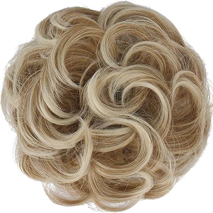 FESHFEN Messy Bun Hair Piece - Elastic Wavy Curly Hair Bun Scrunchies Extensions Synthetic Chignon Hairpieces for Women Girls, Strawberry Blonde & Platinum Blonde Tips 1.5 oz