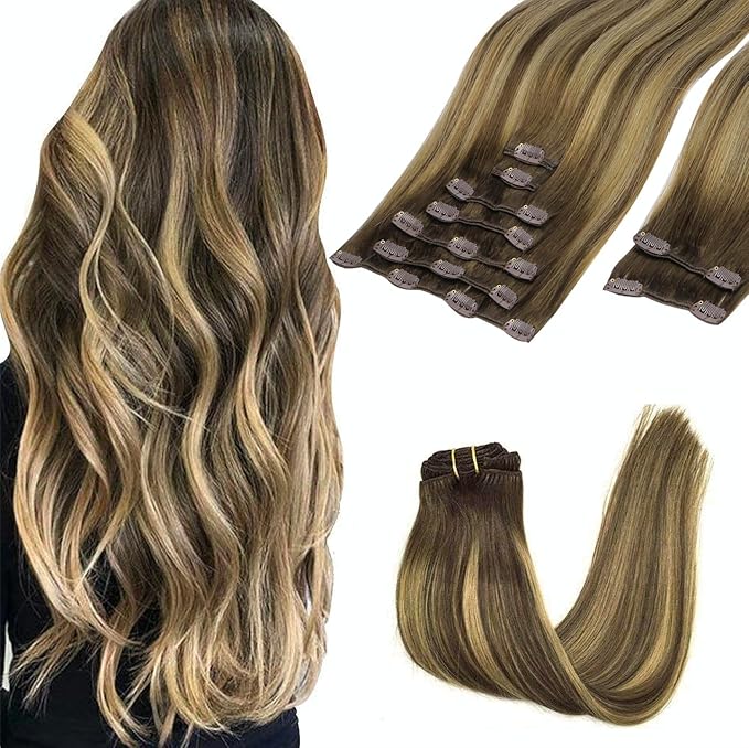 GOO GOO Clip in Hair Extensions Real Human Hair, Remy Human Hair Extensions Clip ins for Women, Natural Human Hair, 22inch 150g 9Pcs, 4/27/4 Balayage Chocolate Brown to Caramel Blonde