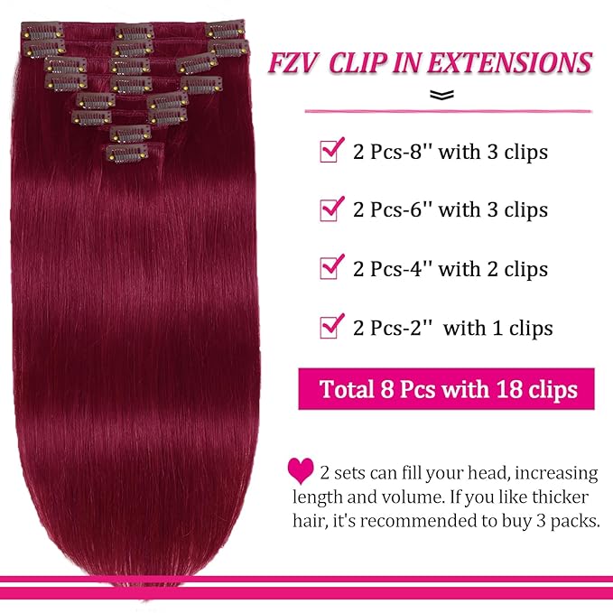 Clip in Hair Extensions Real Human Hair 125g 8pcs 18clips Burgundy Kinky Straight Hair Extensions Clip in Human Hair Clip ins Double Weft Human Extensions for Women Hair Loss and Thinning Hair