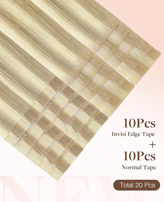 GOO GOO Invisi Edge Tape in Hair Extensions Human Hair, 18A/613A Dark Blonde Highlighted Bleach Blonde 10pcs injected with 10pcs classical tape ins, 10inch 30g, Virgin Remy Hair, Natural Look