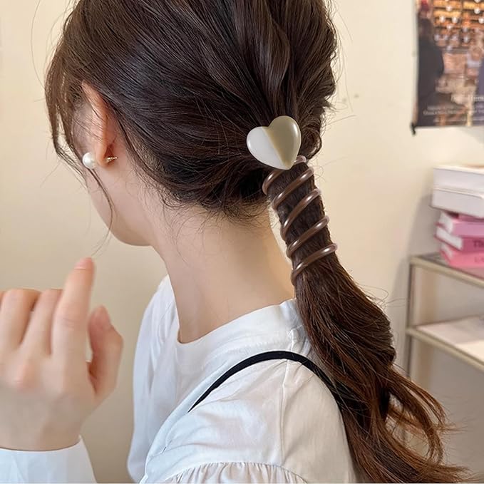 3PCS Heart Spiral Hair Ties, 3 Colors Heart Phone Cord Ponytail Holders for Women, Elegant Rubber Hair Coils, Stylish Hair Accessories for Party, Daily Use