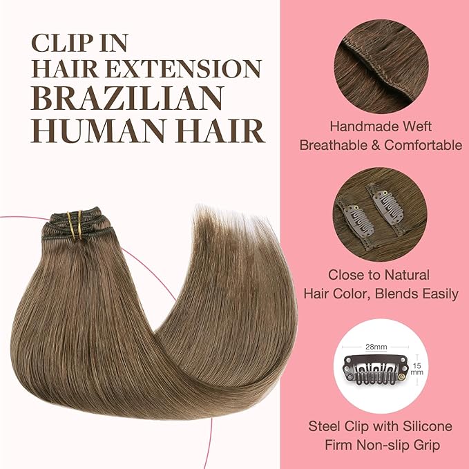 GOO GOO Clip in Hair Extensions Real Human Hair, Remy Human Hair Extensions Clip ins for Women, Natural Human Hair, 22inch 120g 7Pcs, 5 Light Ash Brown