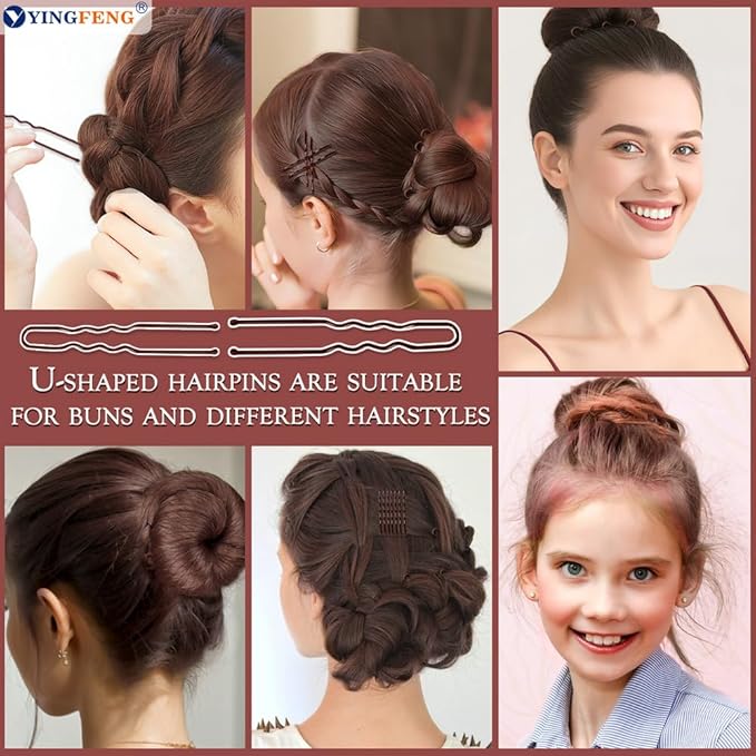 510PCS Brown Bobby Pins Hair Pins Kit with Hair Net, YINGFENG Includes 100 Bobby Pins for Women, 100 U-Shaped Buns Hair Clips, 300 Hair Bands and 10 Brown Hair Nets, Dance competition must haves