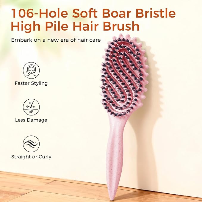 Curly Hair Brush, Curl Defining Brush with Soft Boar Bristles for Combing, Shaping, and Styling Curly Hair Suitable for All Women and Men with Wet & Dry Hair(Pink)