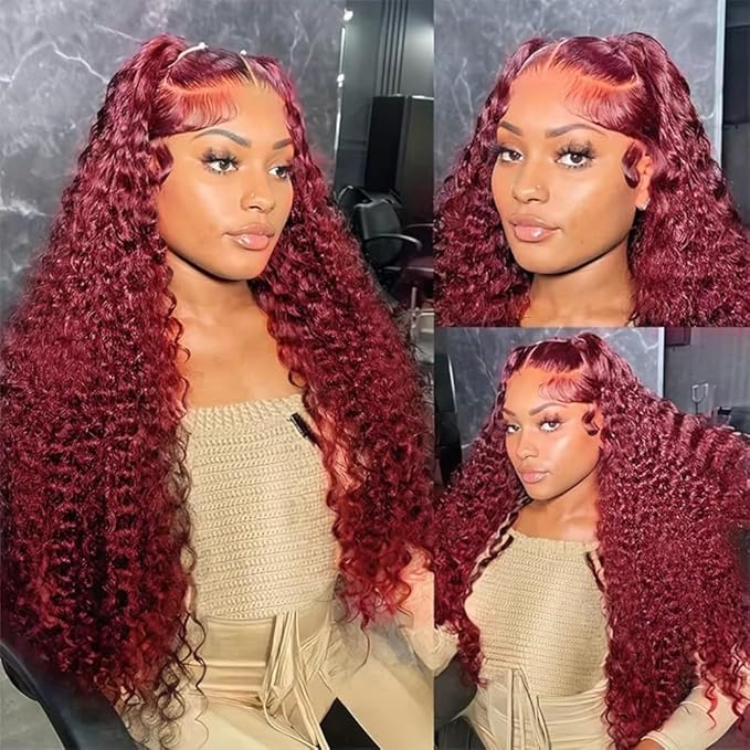 34 Inch 99J Burgundy 13x6 Lace Front Wigs Human Hair Red Burgundy Wig 200% Density Deep Wave Lace Front Wigs Human Hair Pre Plucked Glueless Lace Frontal Wigs for Women