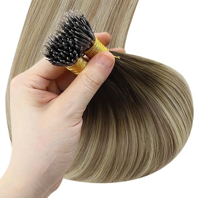 YoungSee Nano Ring Hair Extensions Brown Balayage Nano Beads Hair Extensions Human Hair Dark Brown Ombre Light Brown with Blonde Ombre Nano-Link Hair Extension Real Hair Cold Fusion 22inch 50s 50g