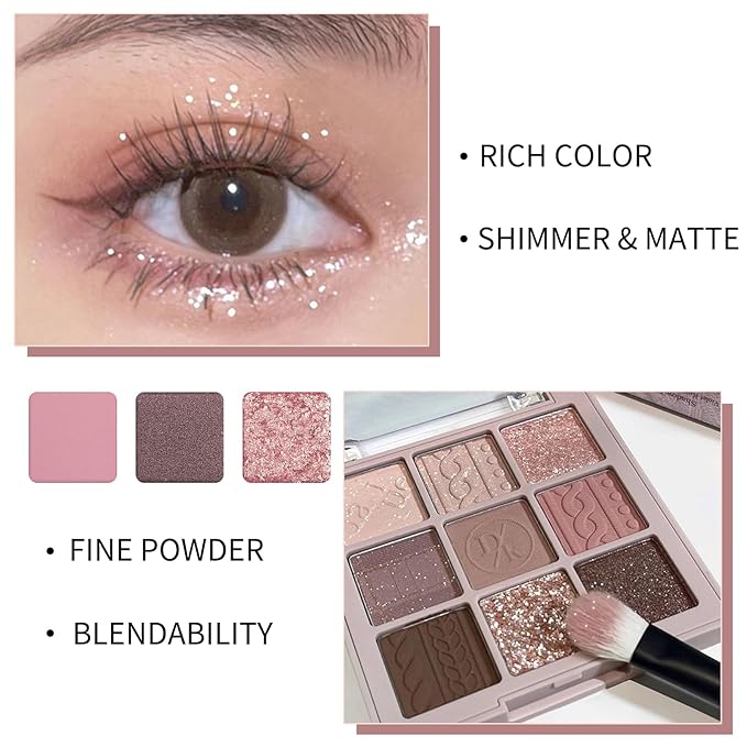 Erinde 9 Colors Eyeshadow Palette, Matte Shimmer Glitter Eye Shadow Makeup Palette, Highly Pigmented Long Lasting Waterproof, Natural Neutral Nude Eyeshadow Makeup Pallet, Pink Purple Rose