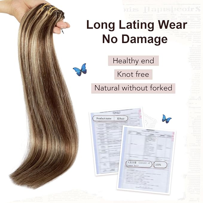 XDhair Human Hair Clip in Extensions 100g 16Inch Medium Brown Mix Caramel Blonde Remy Clip in Hair Extensions Double Weft Straight for Women (#4/27,16Inch)