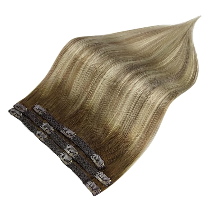 Full Shine Ombre Clip in Hair Extensions Human Hair 3 Pcs 60 G 12 Inch Short Clip in Extensions Walnut Brown to Light Brown Mix Light Blonde Straight Remy Hair Extensions for Fine Hair