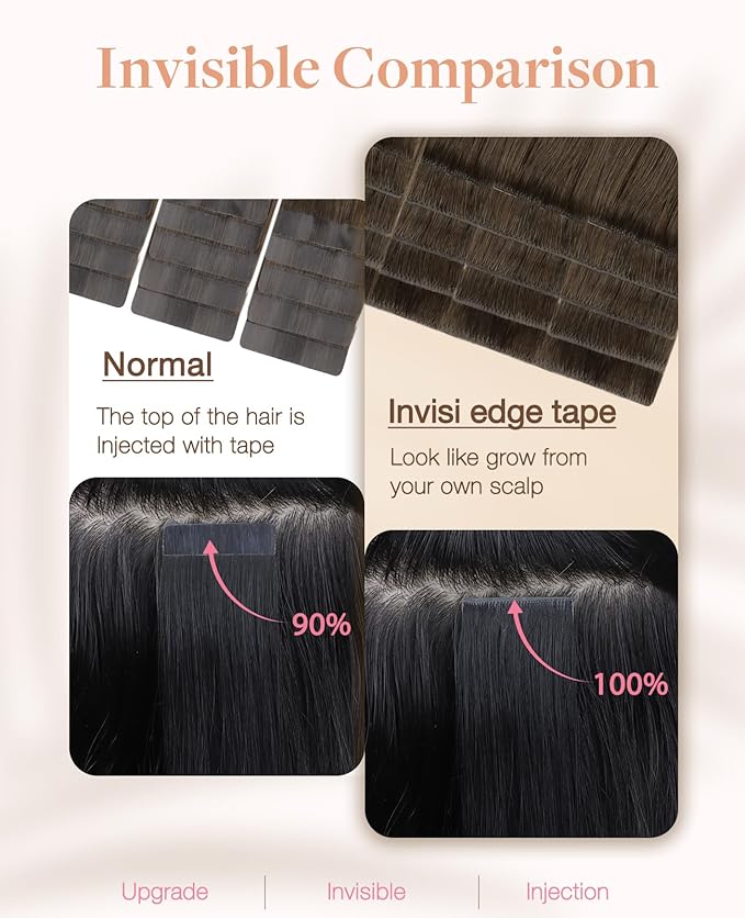 GOO GOO Invisi Edge Tape in Hair Extensions Human Hair, 4/27/4 Balayage Chocolate Brown to Caramel Blonde 10pcs injected with 10pcs classical tape ins, 10inch 30g, Virgin Remy Hair, Natural Look
