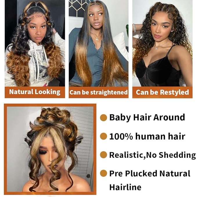 200% Density Full 360 Lace Front Wigs Human Hair For Women Ombre Lace Front Wig Human Hairs Glueless Wigs 1b30 Body Wave Lace Front Wigs Humans Hair Highlight Ombre Wigs(28 Inch)