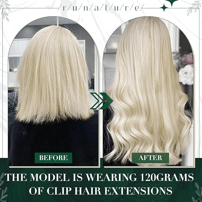 RUNATURE Blonde Clip in Hair Extensions, Real Human Hair Clip in Extensions, Remy Hair Extensions Clip Ins, Double Weft Hair For Women, Natural Looking, 14 Inch 50g 3pcs #800 Platinum Blonde
