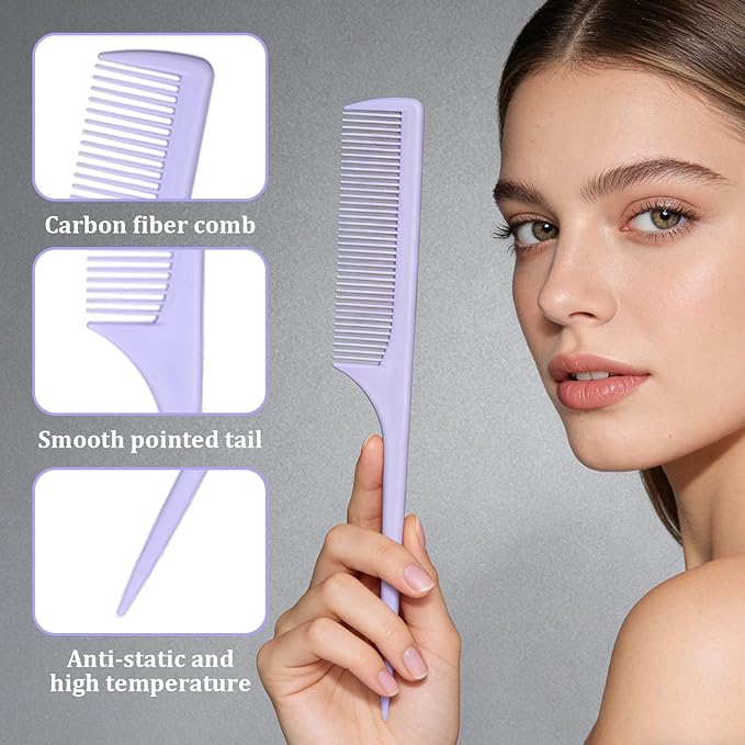 6 Pcs Rat Tail Combs, Fine Tooth Parting Tip for Women, Carbon Fiber Root Teasing Anti Static Hair Comb for Root Teasing Back Combing Adding Volume Evening Styling, Two each of pink, purple, and black