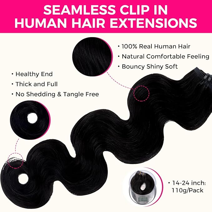 Lashey Seamless Clip in Hair Extensions Human Hair #1 Jet Black Body Wave 7pcs 110g 24 Inch Invisible PU Weft Clip in Hair Extensions Real Human Hair for Women