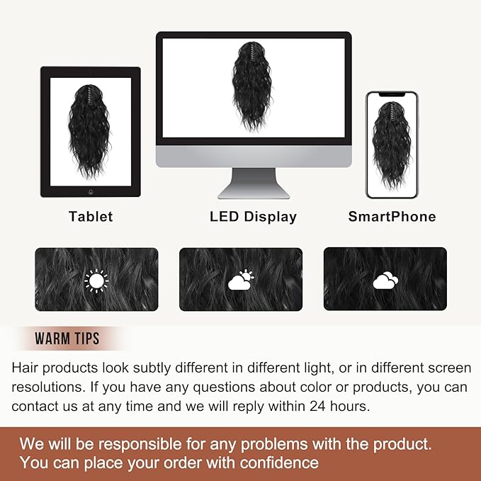 FLUFYMOOZ Ponytail Extension, 18 Inch Claw Clip Ponytail Extension, Wavy Curly Claw Clip in Ponytail Hair Extensions, Natural Fake Ponytail Synthetic Hairpiece for Women (Natural Black)